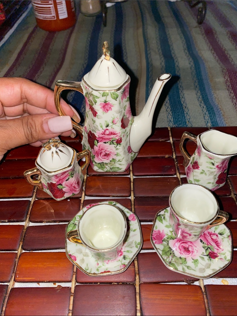 Floral Porcelain Mini Tea Set in Pink Rose with Gold Trim - Picture 4 of 8